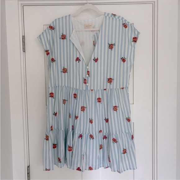 Sezane Saphir Dress in Embroidered Flowers on Blue Stripes Size 42 - Picture 6 of 11